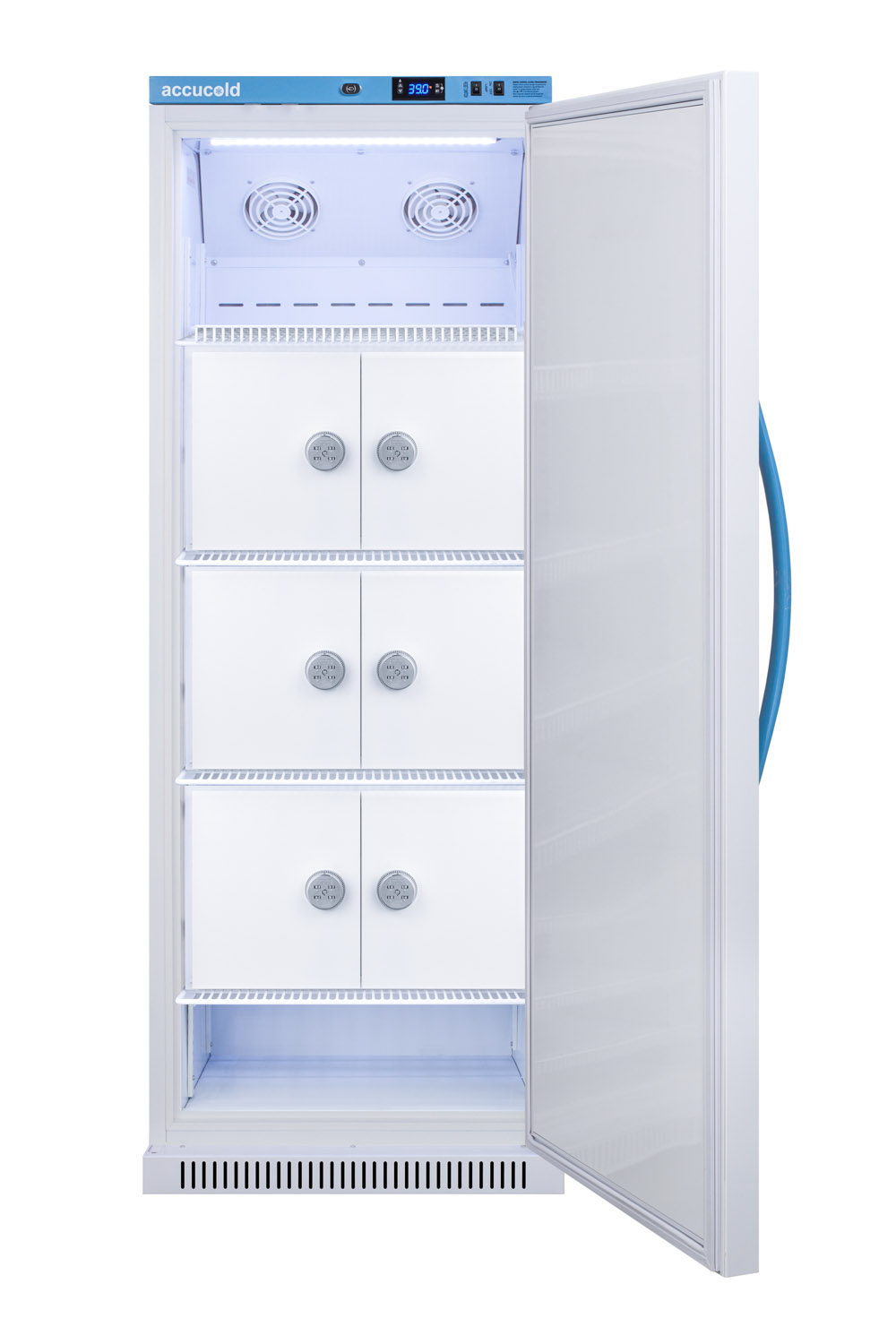 Purpose-built all-refrigerator for breast milk storage with 6 interior locking compartments, antimicrobial silver-ion handle, and hospital grade cord with 'green dot' plug